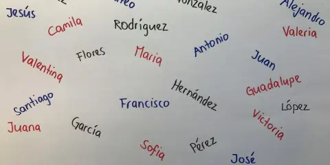 Liste mit mexikanischen Jungennamen wie Mateo, Juan, José und Miguel. Auch Mädchennamen wie Sofia und Maria sind zu sehen.
