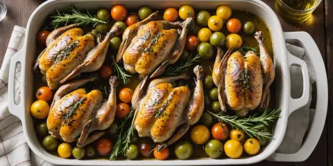 Cinq coquelets au four dorés, accompagnés de tomates cerises multicolores et de romarin frais, dans un plat blanc.