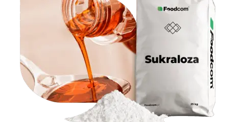 Płynna i proszkowa sukraloza, słodzik. Czy sukraloza jest szkodliwa? Worek z napisem "Sukraloza" i logo Foodcom.