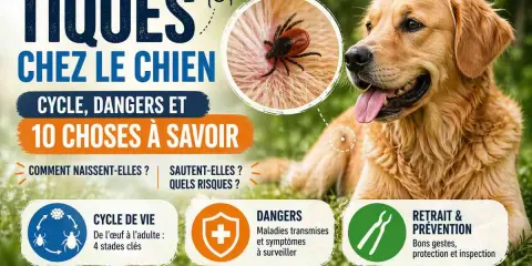 Un chien golden retriever se repose, avec une image agrandie d'une tique sur sa peau. L'infographie explique le cycle de vie, les dangers et la prévention des tiques chez le chien.