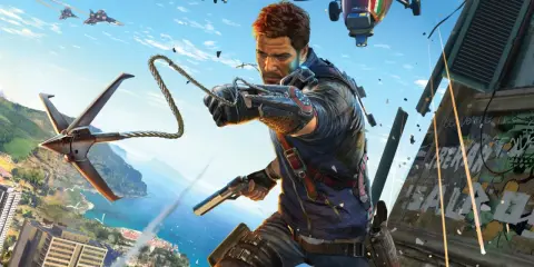 Rico Rodriguez z Just Cause 5 w akcji, z pistoletem i hakiem, na tle tropikalnego miasta i nieba pełnego helikopterów.
