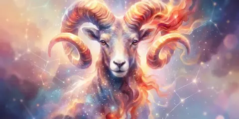 Kosmiczny baran, symbol horoskopu dziennego baran, z płomiennymi rogami na tle gwiazd i mgławic.