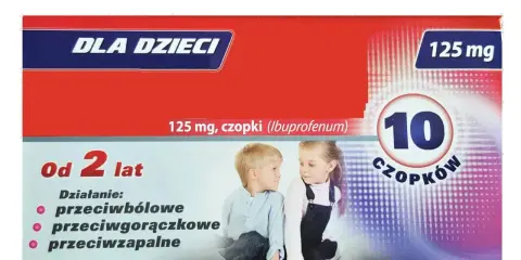 Opakowanie Ibufen Forte dla dzieci, 125 mg, 10 czopków. Dla dzieci od 2 lat, działa przeciwbólowo, przeciwgorączkowo i przeciwzapalnie.