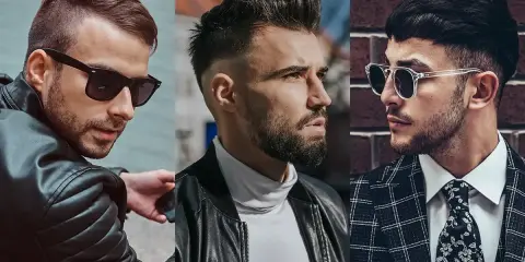 Trzech mężczyzn w stylowych fryzurach french crop, każdy z innym wyrazem twarzy i ubiorem.