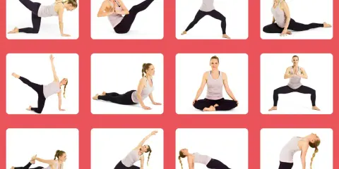 En kvinna utför olika yogapositioner. Bilden kan användas för guidad meditation på svenska.