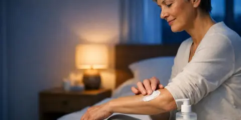Donna anziana applica crema sul braccio per alleviare il prurito notturno nel letto. Luce soffusa da una lampada da comodino.