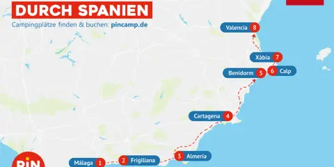 Reisekarte für Wohnmobil-Sightseeing in Spanien: Málaga, Frigiliana, Almería, Cartagena, Benidorm, Calp, Xàbia und Valencia.
