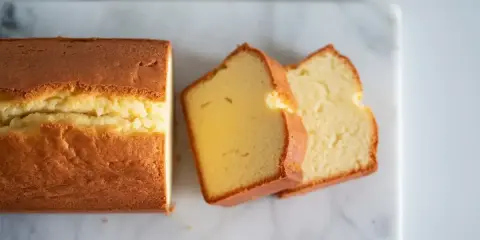 Un quatre-quarts à l'ancienne, moelleux et doré, coupé en tranches sur une planche de marbre.