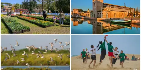 Fiori colorati, un canale con barca, stormo di uccelli e ragazzi che giocano a frisbee sulla spiaggia: un'allegra Pasquetta in Romagna.