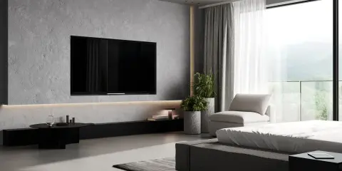 Elegancka ściana z telewizorem w minimalistycznym wnętrzu. Betonowa faktura, dyskretne oświetlenie i widok na góry.