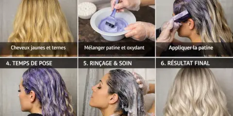 Étapes pour une patine parfaite : avant, préparation, application, temps de pose, rinçage et résultat final. Obtenez des cheveux blonds lumineux.