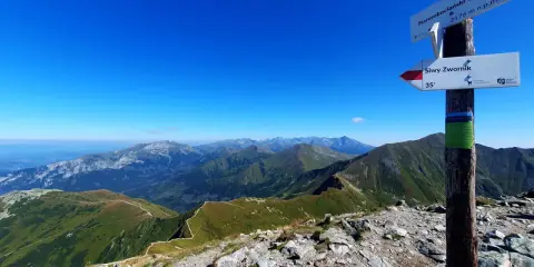 Widok z **Starorobociańskiego Wierchu** na Tatry Zachodnie. Szlak turystyczny wije się po zielonych grzbietach.