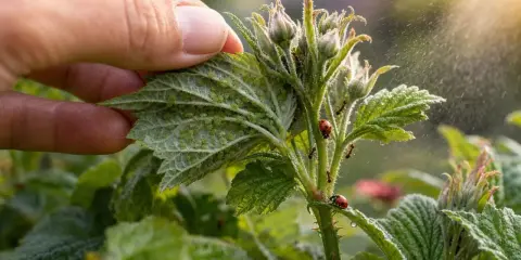 Main de jardinier inspectant une feuille de fraisier infestée de pucerons. Des coccinelles et des fourmis sont présentes, suggérant un traitement naturel contre les pucerons.