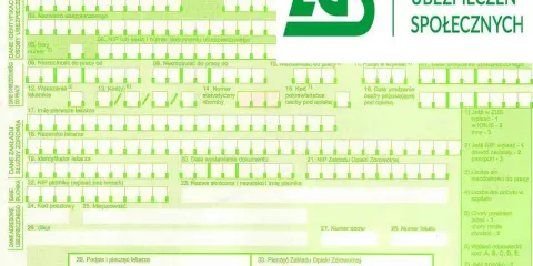 Formularz ZUS ZLA, czyli zwolnienie lekarskie w Norwegii, zawiera dane ubezpieczonego, lekarza i płatnika.