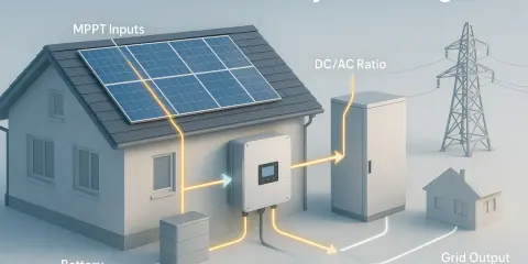Schema för solcellssystem: solpaneler på taket, växelriktare, batteri och elnät. Förklarar vad betyder ac och dc i detta sammanhang.