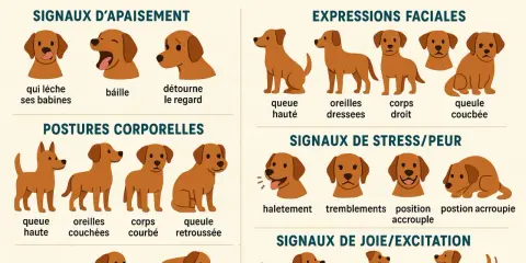 Illustration du langage corporel du chien : signes d'apaisement, expressions faciales, postures, stress/peur et joie/excitation.