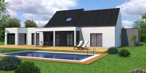 Vue 3D d'un plan maison 200m2 moderne avec piscine et terrasse en bois.