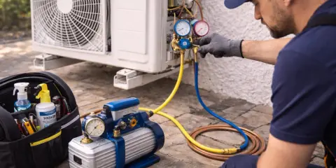 Technicien vérifiant la pression d'une clim. Il utilise un manomètre et des tuyaux pour savoir comment purger une clim sans pompe à vide.