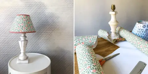 Pour relooker un abat-jour, on utilise du papier peint fleuri, des ciseaux et une règle.