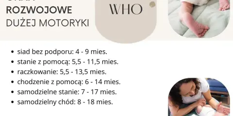 Okna rozwojowe dużej motoryki wg WHO: siad, stanie, raczkowanie, chodzenie. Obrazek pokazuje niemowlęta i listę kamieni milowych.