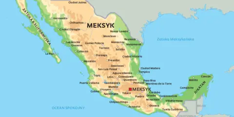 Mapa Meksyku z zaznaczonymi miastami, Zatoką Kalifornijską i Meksykańską.