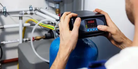 Un technicien ajuste un adoucisseur d'eau pour lutter contre la dureté de l'eau à Lille.