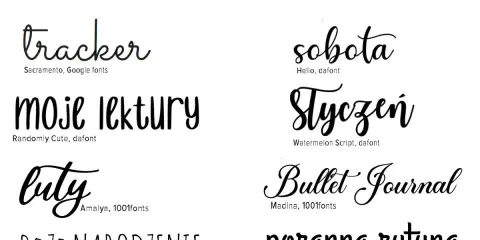 8 fontów do BuJo: tracker, moje lektury, buty, Boże Narodzenie, sobota, Styczeń, Bullet Journal, poranna rutyna. Różnorodne **kaligraficzne pismo** i inne style.