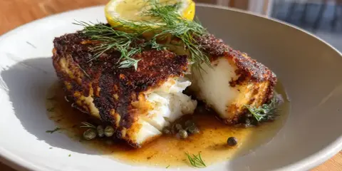 En portion rimmad torsk med krispig yta, serverad med citron, dill och kapris i en ljus sås.