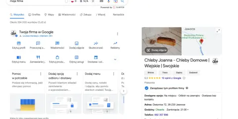 Zarządzaj swoim **profil firmowy Google** dla piekarni "Chleby Joanna". Dodaj zdjęcia, menu i opcje dostawy.