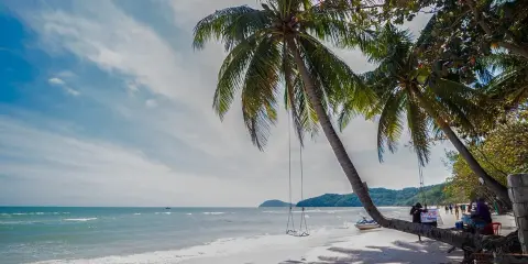 Rajska plaża na wyspie Phu Quoc z palmami, huśtawką i turkusowym morzem. Idealne miejsce na relaks.