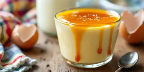Un délicieux dessert aux oeufs au lait, nappé de caramel coulant, avec des coquilles d'œufs et une bouteille de lait en arrière-plan.