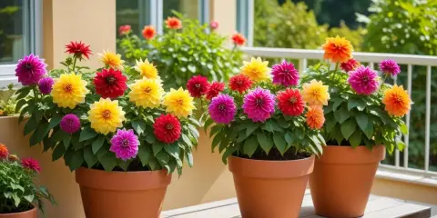 Färgglada dahlia i kruka inomhus, med blommor i rosa, gult, rött och orange som lyser upp.