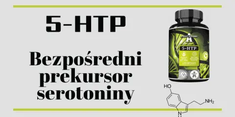 Butelka suplementu 5-HTP i wzór chemiczny serotoniny.