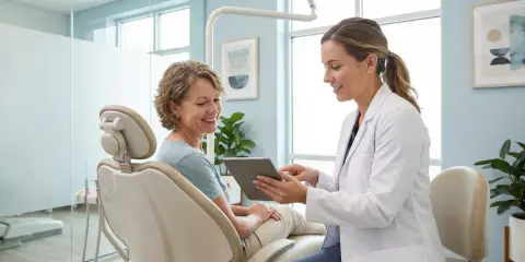 Dentystka w białym fartuchu pokazuje tablet pacjentce siedzącej na fotelu stomatologicznym.