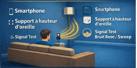 Mesure de l'acoustique d'une pièce avec un smartphone, un support et un test de signal. Optimisez votre expérience audio avec Dirac Audio.