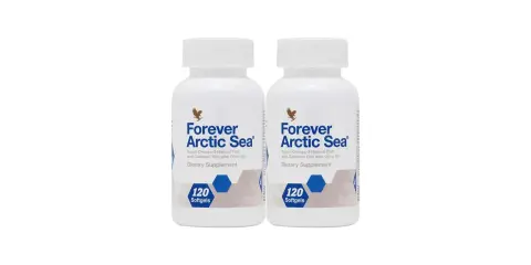 Dwie butelki suplementu Forever Arctic Sea, zawierającego kwasy omega-3 z ryb i kalmarów, niczym skarby z arktycznego morza.