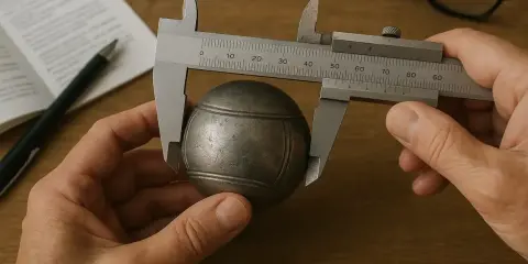 Comment mesurer le diamètre d'une boule de pétanque : un pied à coulisse mesure une boule métallique sur un bureau en bois.