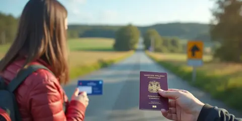 Podróż do Szwecji? Czy do Szwecji potrzebny jest paszport? Kobieta z plecakiem trzyma kartę, a ręka pokazuje paszport.