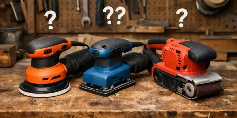 Trois ponceuses (orbitale, vibrante, à bande) sur un établi en bois. Quelle ponceuse pour le bois choisir ?