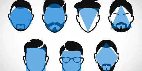Ilustracje pokazują różne kształty twarzy i brody, pomagając zrozumieć, jak przyciąć brodę do każdej z nich.