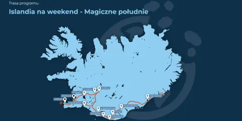 Mapa trasy "Islandia na weekend - Magiczne południe". Zaznaczone punkty: Reykjavik, Gullfoss, Jökulsárlón i inne atrakcje południowego wybrzeża.