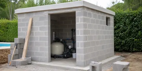 Construction d'un local technique pour piscine en dur. L'abri en parpaings abrite le système de filtration.