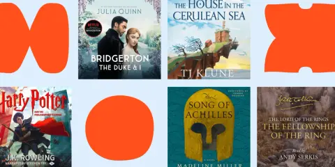 Kolekcja audiobooków po angielsku z tekstem: "Bridgerton", "Harry Potter", "The House in the Cerulean Sea", "The Song of Achilles", "The Fellowship of the Ring".