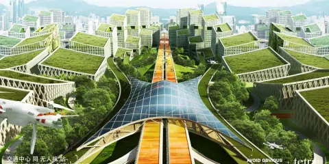 Grüne Dächer und futuristische Gebäude prägen diese Vision einer nachhaltigen Stadt. Drohnen landen auf einem Verkehrsknotenpunkt, der eine Brücke über eine bunte Fußgängerzone bildet.