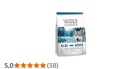 Sac de croquettes Wolf of Wilderness "Blue River" pour chien, sans céréales, avec un loup sur fond de rivière. Avis 5 étoiles.