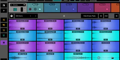 Interface d'une appli pour créer sa propre musique, avec des pistes audio et des pads de batterie.