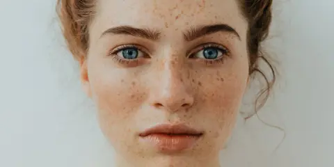 Visage d'une jeune femme aux yeux bleus perçants, sa peau parsemée d'une jolie tache de rousseur.