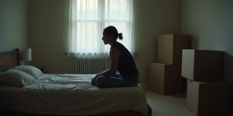 Kobieta siedzi na łóżku w pustym pokoju, otoczona kartonami. Po rozwodzie nie mam gdzie mieszkać.