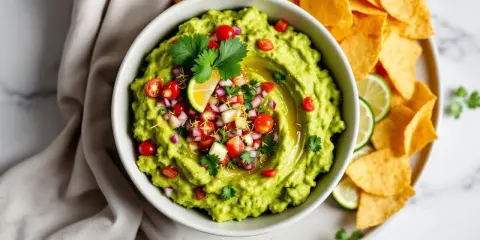Un bol de guacamole frais, garni de tomates, oignons rouges et coriandre, prêt à être dégusté avec des chips tortilla. La meilleure recette guacamole !