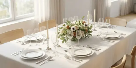Élégant dressage d'une table à la française, avec un centre de table floral, des bougies et des couverts en argent.